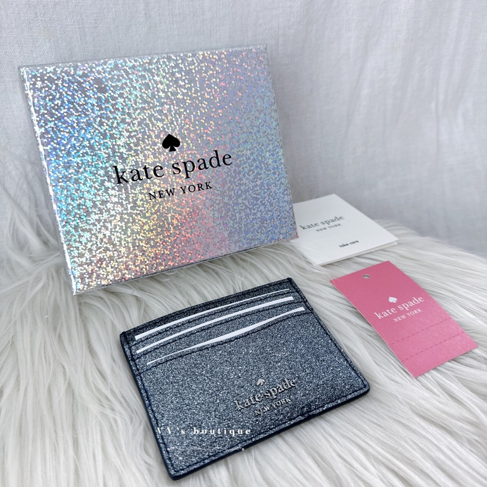 BNIB Kate Spade Lola Glitter Boxed Small Slim Card Holder Dusk Navy WLR00214